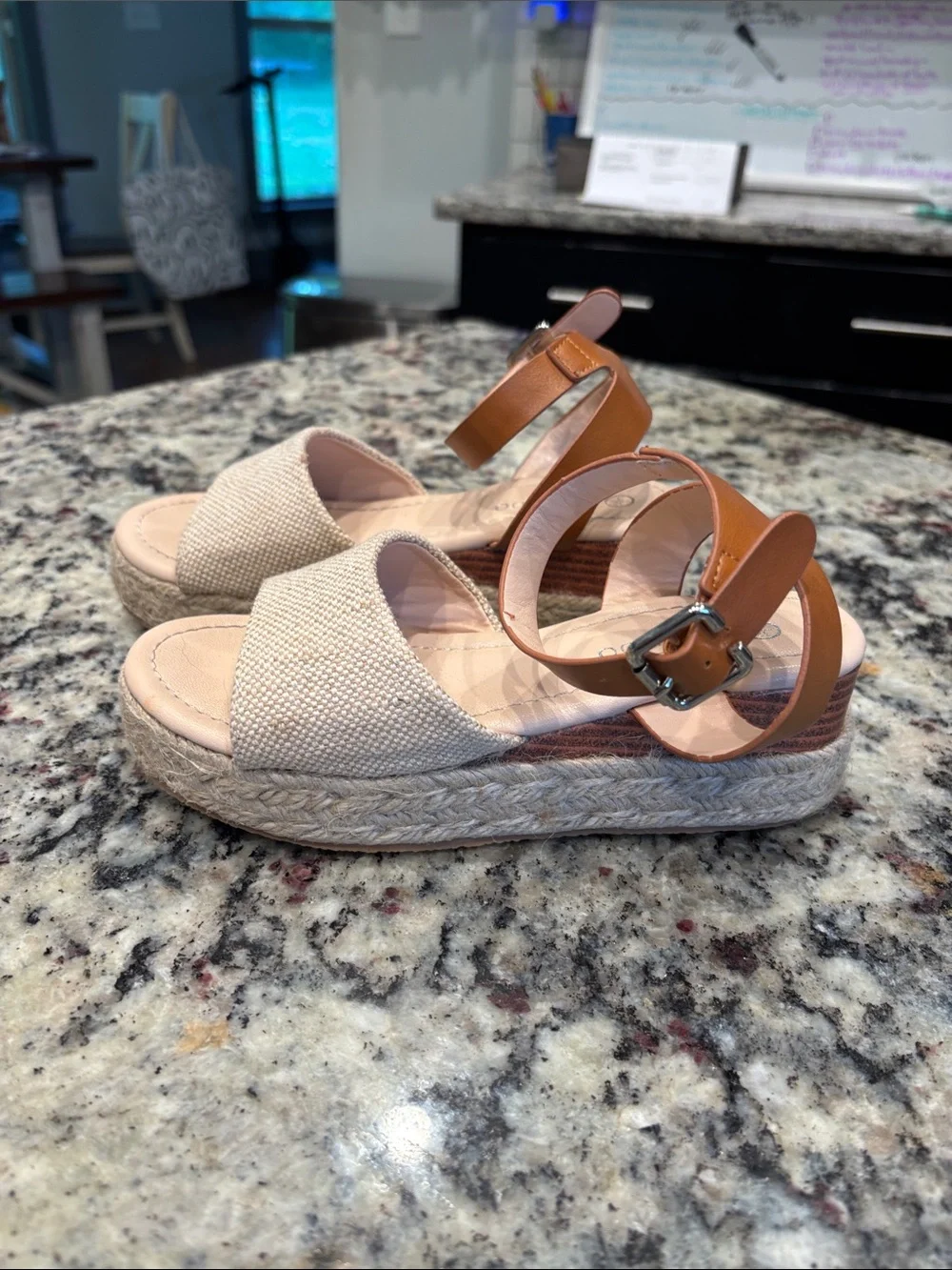 Neutral Beige Canvas Espadrille Sandals with Tan Ankle Strap